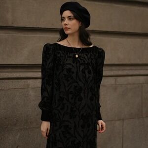 Vintage 80s Jerri Sherman‎ Saks Black Metallic Lame Velvet Floral Dress